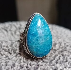 Natural Neon Blue Apatite Silver Teardrop Statement Ring Size 8.25
